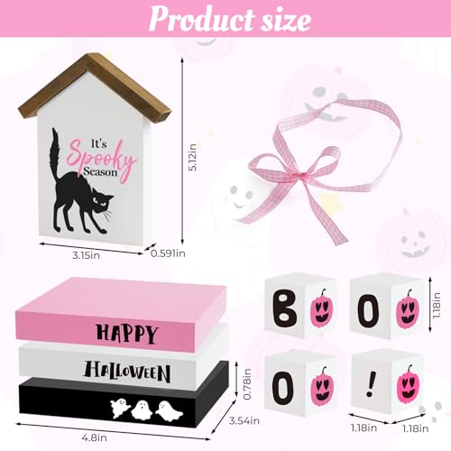 nuvagiki Halloween Decorations, 8 Pcs Pink Halloween Tiered Tray Decor, Spooky Black Cat Book Stack Wooden Decoration for Home Indoor, Rustic Pumpkin Faux Books Kitchen, Office, Table Decor - color: Pink