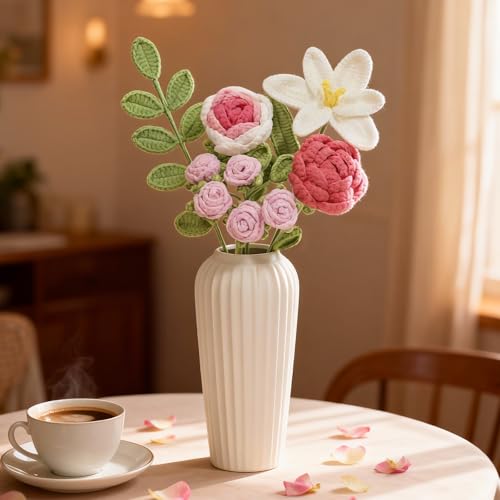 Crochet Flowers Bouquet,Handmade Knitted Rose,Artificial Flower Bouquet for Her, Wife,Lover ,Girlfriend ,Mother, Anniversary,Graduation,Friends,Birthday, Valentines Day Gifts,(with Gift Bag&Card) - color: Rose&pink, size: Large