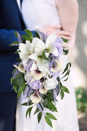 Wedding Bouquet,11 Inch Bridal Bouquet Cascading Wedding Bouquets for Bride for Wedding Ceremony and Anniversary(Lilac & White) - color: Lilac & White
