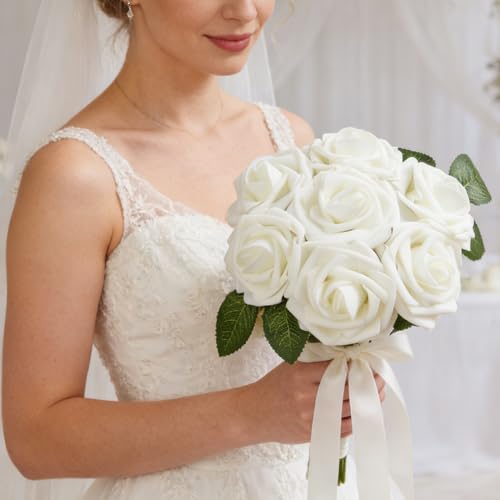16 Pcs Fake Roses White Artificial Flowers | Foam Roses with Stems, White Foam Flowers for DIY Wedding Bouquets, Centerpieces, Party, Home Decor - color: Milky White