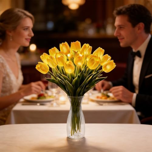 15pcs LED Lighted Artificial Flowers Tulip Lamp with Vase Real Touch Tulips Faux Flower Lights for Valentines Day Gift Easter Home Kitchen Wedding Dining Table Decor (Yellow) - color: 15pcs Yellow