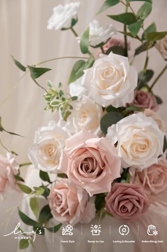 Ling's moment Artificial Flowers Fake Silk Roses Faux Foam Flower Combo for DIY Wedding Bouquets Centerpieces Arrangements Bridal Shower Party Home Decorations, Dusty Rose & Cream, 23pcs - color: Pk-dusty Rose & Cream