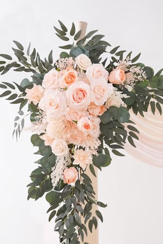 Deluxe Wedding Arch Flowers with Drapes Kit Pack of 4, 2pcs Babypink Sage Hanging Silk Flowers Arrangement 2pcs Chiffon Drapes for Ceremony Arbor Party Outdoor Decor - color: Babypink & Champagne
