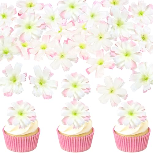 40Pcs Artificial Cherry Blossom Cupcake Toppers Spring Flower Blossoms Cupcake Cherry Flowers Table Decor for Baby Shower Flower Decorations for Wedding Shower Floral Birthday Cake Cupckae Decorations - color: White Cherry