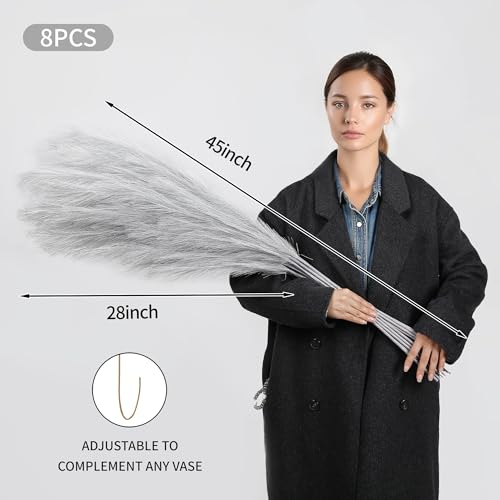 Wertuirk Silver Pampas Grass Decor, 8 Pcs 45 Inch Tall Large Faux Pompous Grass, Long Artificial Flowers for Floor Vases, Wedding Centerpieces, Baby Shower and Home Decoration (Silver) - color: Silver
