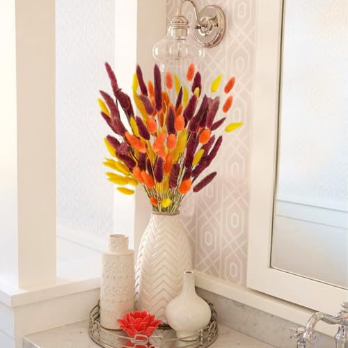 Uieke 240 Pcs Bunny Tails Dried Flowers, 17'' Natural Dried Pampas Grass Decor, Yellow Burnt Orange Burgundy Reed Grass Bouquet for Boho Wedding Home Party Fall Decorations - color: Yellow Burnt Orange-240pcs
