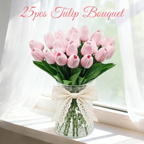25Pcs Tulips Artificial Flowers, Faux Tulips Artificial Tulips Real Touch Tulip Fake Flowers Bouquets for Spring Wedding Home Kitchen Office Party Decor (Pink) - color: Pink