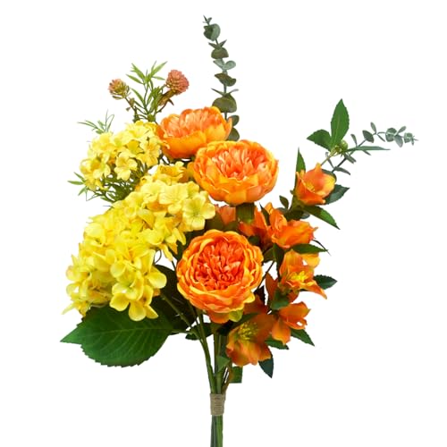 Artificial Flowers Bouquet – Fake Silk Hydrangea Peony and Eucalyptus Mix, Faux Flower Arrangements for Home, Office Decor and Dining Table Centerpieces (Yellow&Orange) - color: Yellow &Orange