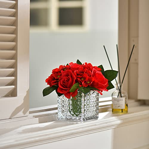 Fule Artificial Silk Rose Flower Centerpiece Arrangement in Glass Vase with LED Light for Home Wedding Decoration (Red) - color: Red