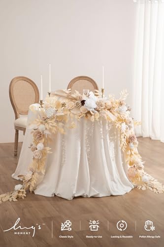 Ling's Moment 9FT Flower Garland for Backdrop Decorations - Wedding Arch Flowers, Eucalyptus & Rose, Artificial Floral Garland for Mantel - Sweetheart Table Decor for Ceremony Reception, White & Beige - color: Wht-white & Beige