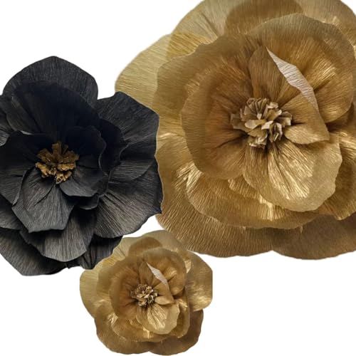 BRT Bearingshui Crepe Paper Flowers Decoration for Wall Total 6 Pcs, Artificial Flowers for Wedding Decor,Flower Backdrop Decor, Baby Bridal Shower Birthday Party, Black Gold 3D Wall Flowers Decor - color: Gold Black