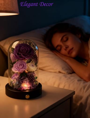 Preserved Flowers in Glass Dome, Purple Forever Roses for Delivery,Eternal Roses Valentines Day Gifts for Wife, Anniversary Birthday Gifts for Women Mom Girlfriend - color: New Purple