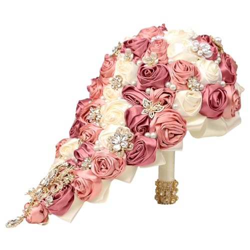 Handmade Satin Rose Water Drop Bridal Bouquet,8.7inch Crystal Wedding Round Tossing Bouquet,Jewelry Proposal Bridesmaid Bouquet Groom Corsage Bride Wrist Flower Ivory (07#Ivory Deep Pink) - color: 07#ivory Deep Pink