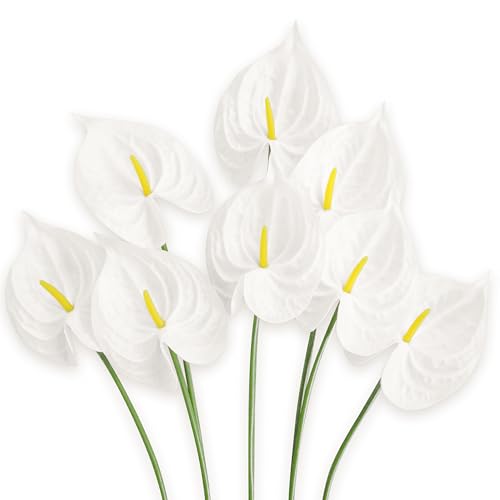 Real Touch Anthurium Artificial Flowers, 8pcs White Faux Tropical Flowers with Stems for Modern Wedding Bouquets, Elegant Centerpieces & Chic Party Decoration - color: White