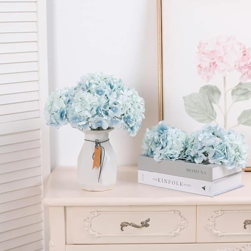 Fake Blue Hydrangea Artificial Flowers - Faux Silk Hydrangeas Flowers Heads with Stems Real Touch for Home Wedding Party Table Decor(Light Blue,Pack of 10) - color: Light Blue