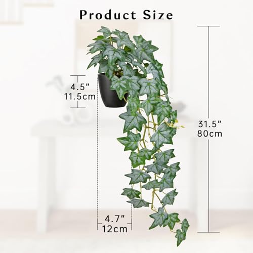 GnFlus Realistic Fake Pothos Ivy Plant with Pot Artificial Leaves Featuring a White Frosted Finish for Home Shelf Decor Indoor Silk Artificial Plant Large - color: White/Green-black Pot