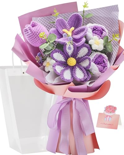 Alecono Crochet Flower Bouquet, Purple Knitted Flowers, Crochet Tulip Galsang Flower for Lover Anniversary Birthday Party Mother's Day Graduation Gifts (Include Card) - color: Purple, size: Large