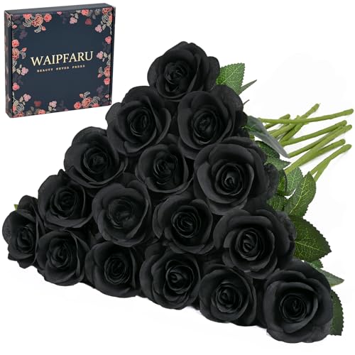 Waipfaru Halloween Decor - 16 Pcs Black Roses Artificial Flowers, Fake Roses Halloween Flowers with Long Stems for Home Decoration (Black) - color: Black, size: 16 Pcs