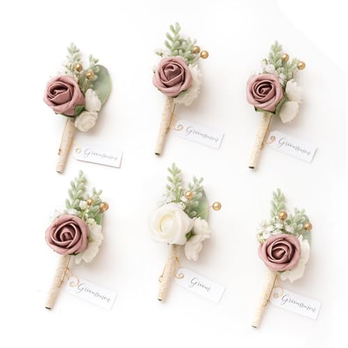 Ling's moment Boutonniere for Men, 6pcs Groom Groomsmen Boutonniere, Artificial Flowers for Wedding Decor/Prom/Homecoming, etc.Pink Dusty Rose - color: Pk-pink & Dusty Rose