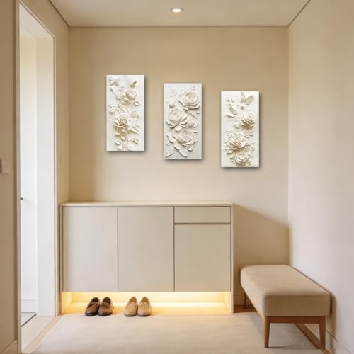SWQYLB 3 Panel Flower Wall Art 3D Relief Floral Canvas Painting Abstract Butterfly & Rose Pictures Prints White & Beige Textured Decor for Home Framed (Gold, 24x12inchx3 Pieces) - color: Gold, size: 24x12inchx3 Pieces