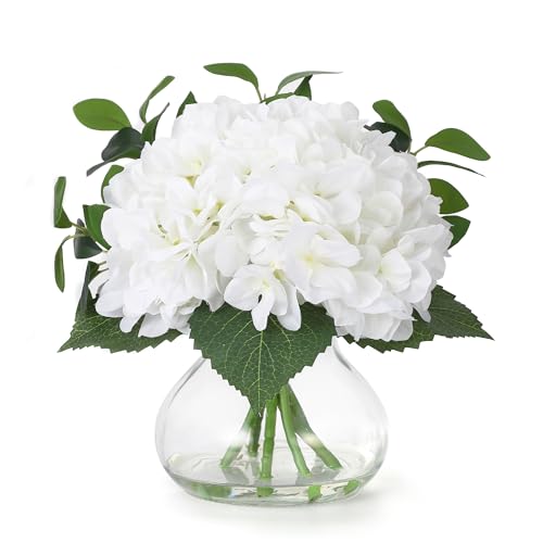 Hydrangea Artificial Flowers in Vase, Set of 7 Silk Faux Hydrangea Fake Flower Arrangements with Glass Vase and Faux Water for Home Decor Wedding Bouquets Table Centerpieces, White - color: Hydrangea Stems With Faux Water, size: White
