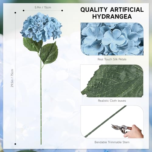 6 PCS Artificial Hydrangea Flowers, Faux Silk Hydrangea with Long Stems, Home Wedding Decor, Table Centerpieces, Party Decorations(Smog Blue) - color: Smog Blue