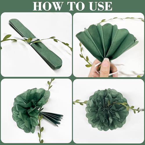 Sage Green Beige Party Decorations Tissue Paper Flowers Pom Pom with Leaf Ribbon Hanging Garland Streamer for Neutral Baby Shower Birthday Wedding Bachelorette Safari Jungle Woodland Party Supplies - color: Sage Green