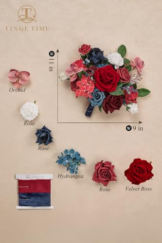 TINGE TIME 9 inch Bridal Bouquets for Bride, Artificial Silk Flowers Tossing Bouquet, Bride Bouquets for Wedding,Ceremony, Anniversary (Red&NavyBlue) - color: Red & Navy Blue