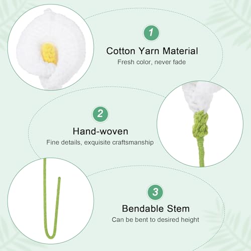 M METERXITY 6-Pack Crochet Flowers, Knitted Artificial Wool Calla Lily for Mother's Day/Wedding/Birthday/DIY Decor, Handmade Knitted Flowers [White] - color: White