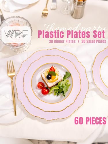 WDF 60Pcs Pink Plates Disposable with Gold Rim - Baroque Clear Pink and Gold Plastic Party Plates Ideal for Wedding/Baby Shower/Spring - color: Clear Pink with Gold Rim, size: 60PCS