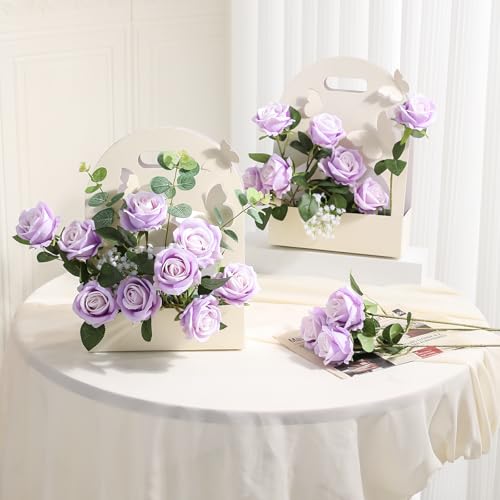 Hawesome 12PCS Artificial Flowers Fake Roses, Realistic Velvet Long Stem Red Roses Bouquet for Wedding Centerpiece Home Decor Party & Valentines (Purple) - color: Purple