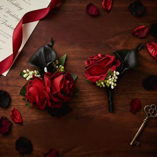 Red Rose Wrist Corsage Wristlet Band Bracelet and Men Boutonniere Set with Black Calla Lily for Wedding Flower Accessories Prom Suit Decorations