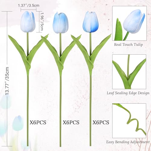 Beferr 18pcs Tulips Artificial Flowers Faux Tulip Real Touch Tulip Fake Flowers Bouquets Arrangements for Mothers Day Spring Easter Wedding Home Table Decor Blue - color: E-18pcs-3colors-mix Blue, size: 18PCS