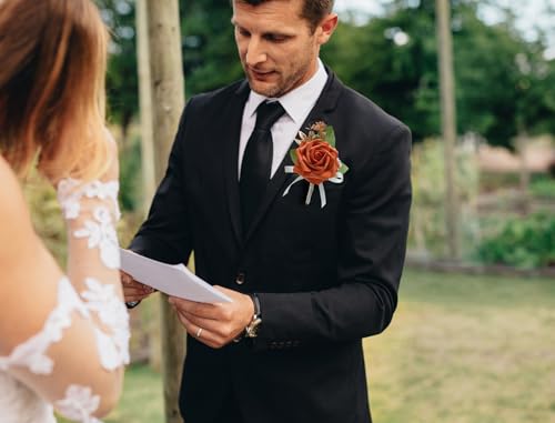 Marriwise 6pcs Rose Boutonniere for Men, Artificial Flowers Wedding Groom Groomsmen Boutonniere for Wedding/Anniversary/Prom/Rustic Wedding/Homecoming (Burnt Orange 1) - color: Burnt Orange 1