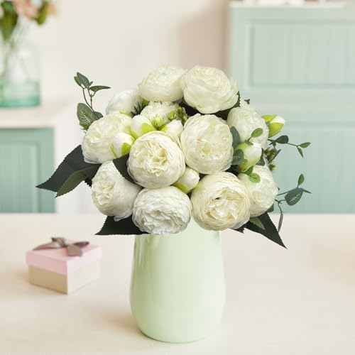 Artificial Peony Flowers, 4Pcs Silk Peonies Fake Peony Bouquets for Home Wedding Office Party Decor (White) - color: White（4pack）