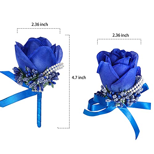 Wrist Corsage Boutonniere Set 6 PCS, Artificial Rose Bridesmaid Bride Corsage and Groom Men Boutonniere for Wedding Party Prom (Boutonniere Corsage- Royal Blue, 6 PCS) - color: Boutonniere Corsage- R Blue, size: 6 Packs