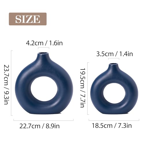 Ceramic Donut Vase Set of 2 Home Decor Modern Farmhouse Style Living Room Ornament Dining Table Room Pottery Purple Small Vases for Dried Flowers - color: Vt11 Blue