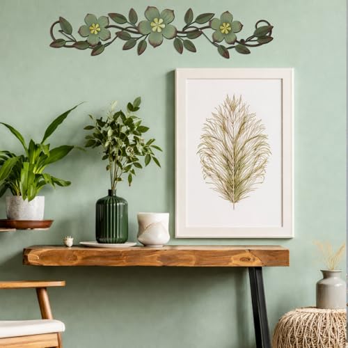 Wesiti Metal Flower Wall Decor Vintage Metal Flower Wrought Iron Scroll Sculpture 15.7''x3.7'' Not 3D, Flat Farmhouse Leaf Wall Decor with Nails for Summer Bedroom Kitchen Indoor Outdoor(Green) - color: Green