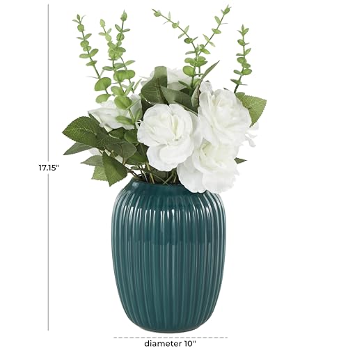 Deco 79 Fabric Artificial Flower with Green Leaves and Round Ceramic Vase, 10" x 10" x 17", White - color: White, size: 10" x 10" x 17"
