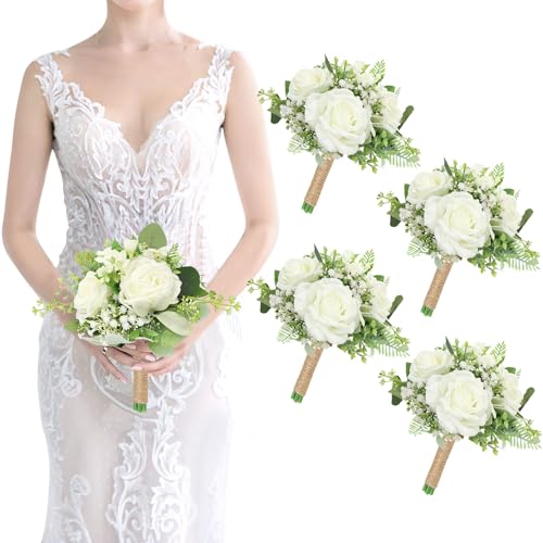 Bridesmaids Bouquets Flowers Set of 4 Artificial Bridesmaid Bouquet Wedding 7 Inch Rustic Small Floral Centerpiece for Marriage Proposal Party Anniversary Dining Table Decor - Ivory White - color: Ivory White, size: 4pcs