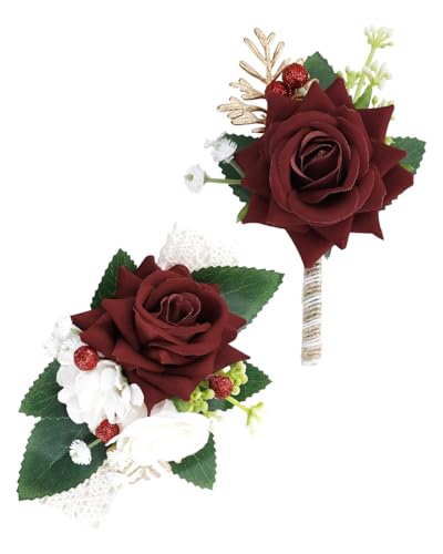 eZAKKA Red Rose Corsage and Boutonniere Set with Elastic Wristlet, Handmade Artificial Flower Wrist Corsage for Prom Wedding Homecoming Accessories, 2Pcs Suit Decoration (Red & White) - color: Red-white