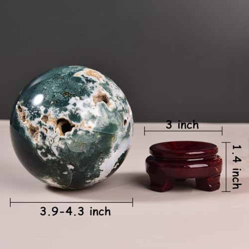 Large Moss Agate Crystal Sphere Natural Healing Crystal Ball with Stand Meditation Decorative Balls Home Decor 100-110mm/3.9-4.3" - color: Moss Agate, size: 3.9 - 4.3 inches