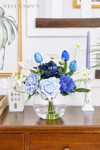 WELL KNOWN Artificial Flowers with Vase, Faux Silk Rose Tulip Flower Arrangements in Glass Vase with Fake Water for Home House Warming Party Wedding Birthday Dining Table Decor & Gift (Mixed Blue) - color: Mixed Blue