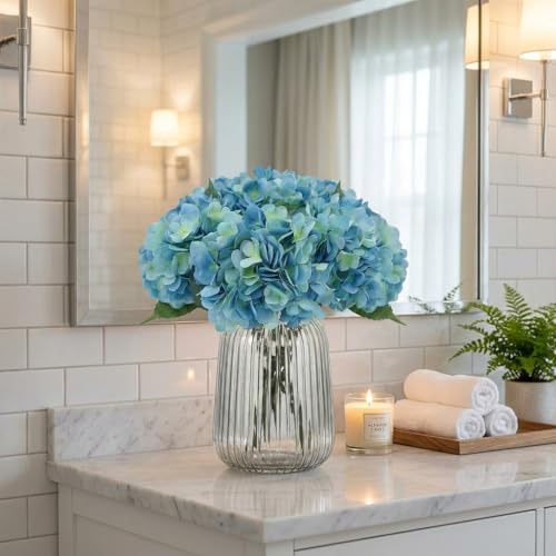 5Pcs Artificial Fake Flowers Plants Silk Hydrangea 1 Flower Head Arrangements Wedding Bouquets Decorations Plastic Floral Table Centerpieces Home Kitchen Garden (Dark Blue) - color: Dark Blue