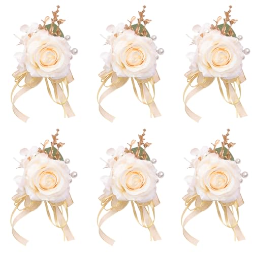 Set of 6 Champagne Faux Silk Men Boutonnieres for Groom Wedding | Artificial Rose With Ribbons for Ceremony Party, Groomsmen Boutonniere for Wedding Prom Party, Homecoming and Suit Decor - color: Light Champagne Boutonnieres 6pcs