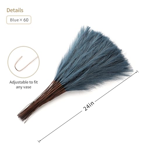 Wertuirk 60pcs Blue Pampas Grass - 24 Inch Faux Pampas Grass Decor , Tall Pompas Grass for Floor Vase, Table Centerpieces, Wedding, Party and Blue Living Room Decor - color: Blue, size: 60 Pieces