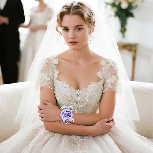 4Pcs Purple Rose Corsage and Men Boutonniere Set Women Wristlet Band Wrist Bracelets, for Prom Wedding Ceremony Flowers Decorations and Homecoming Party Accessories - color: Purple, size: 2 Boutonniere & 2 Wrist Corsage