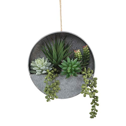 Flora Bunda Modern Artificial Succulent in 8 inch Hanging Galvanized Tin Wall Planter, Boho wall Decor, Hanging Fake Plants Cactus for Home, Office