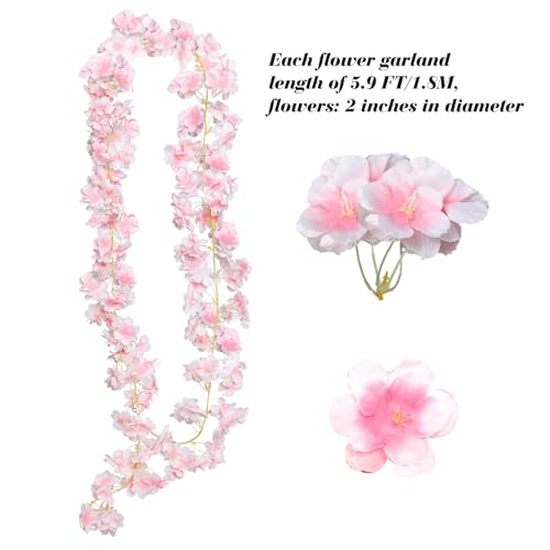 4pcs 23.6 ft Artificial Cherry Blossoms Garland Pink Fake Vines Hanging Silk Cherry Blossom Sakura Vine for Outdoor Wedding Party Home Decor