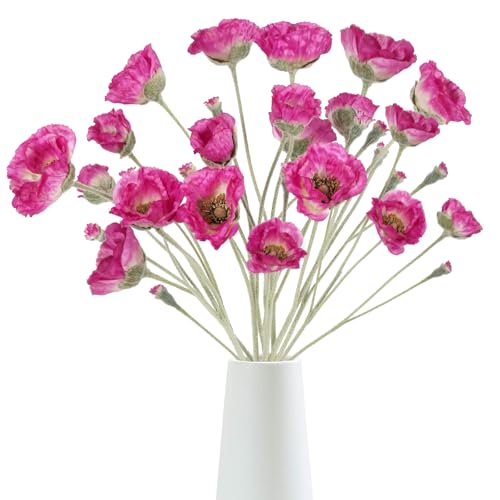 6PCS Fuchsia Poppy Flowers Artificial 30 Heads Faux Poppy Flowers 26.77in Silk Flowers with Long Flocking Stems for Wedding Party Home Office Decoration(Fuchsia) - color: Hot Pink